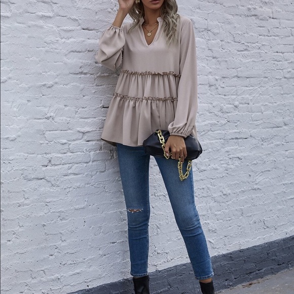 Boho Beige v neck ruffle babydoll long sleeve top - Picture 6 of 15